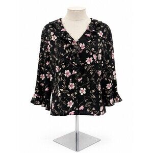 Sag Harbor Petite Black Pink Floral Ruffle Blouse 3/4 Sleeve Size 14P